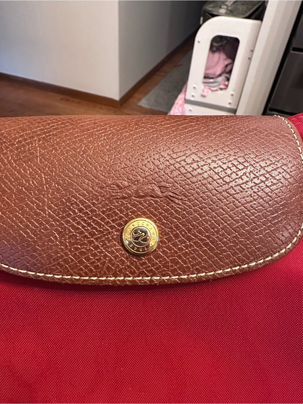 Longchamp Red Le Pliage L Nylon Tote with Brown Leather Trim - Picture 4 of 12